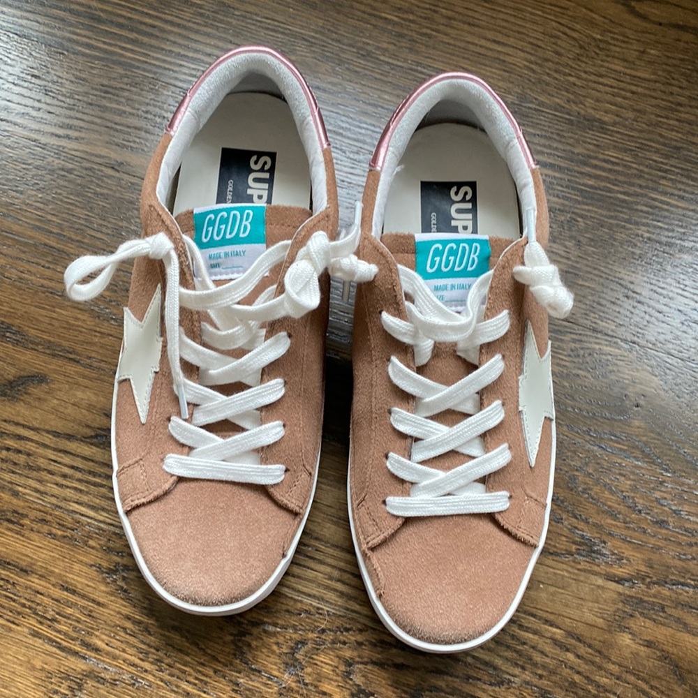 Tan leather distressed star sneaker golden goose inspired